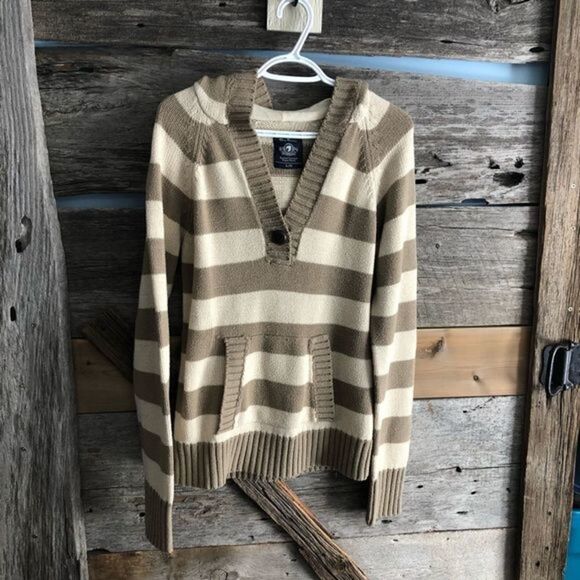 BLUENOTES size Large Tan striped, hooded sweater with front pocket - Picture 2 of 5